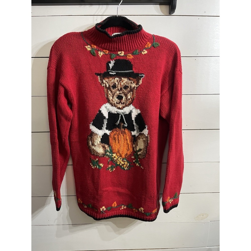 VTG 1993 Eagles Eye hand-knit Thanksgiving Fall Turtleneck Pilgrim Bear‎ Large